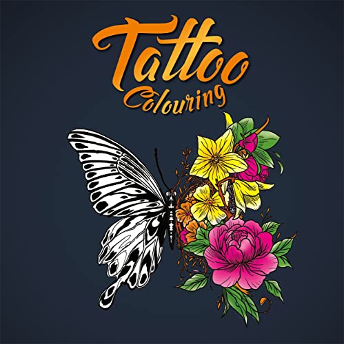 Colouring book cover with butterfly, flowers, and bold "Tattoo Colouring" text.