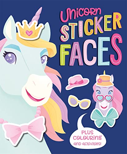 Blue unicorn face with colorful sticker accessories and text.