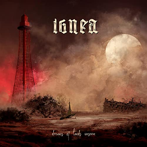 Album cover with a red tower, a full moon, and shipwrecked boats.