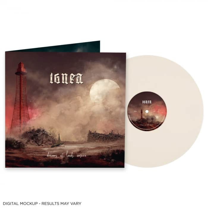 Cream vinyl record with landscape cover art featuring a tower and moon.