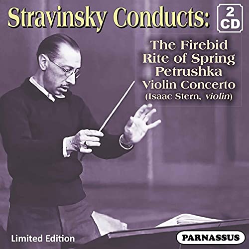 Igor Stravinsky conducting, CD cover featuring ballet titles and Isaac Stern.