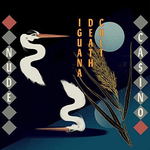 "Album cover with herons, wheat stalks, and full moon against a dark blue background."