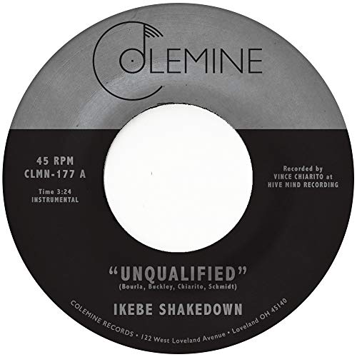 Black and gray 45 RPM vinyl record label for Ikebe Shakedown’s “Unqualified.”