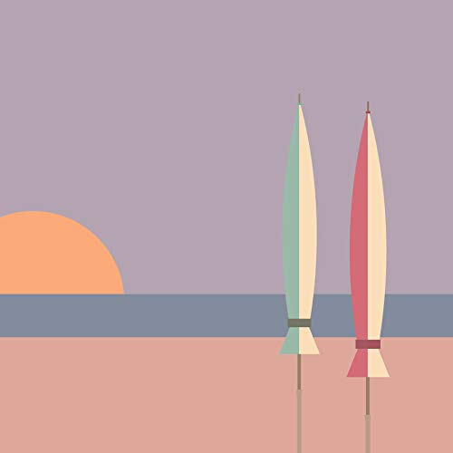 Beach umbrellas and a sunset depicted in a minimalist, colorful style.