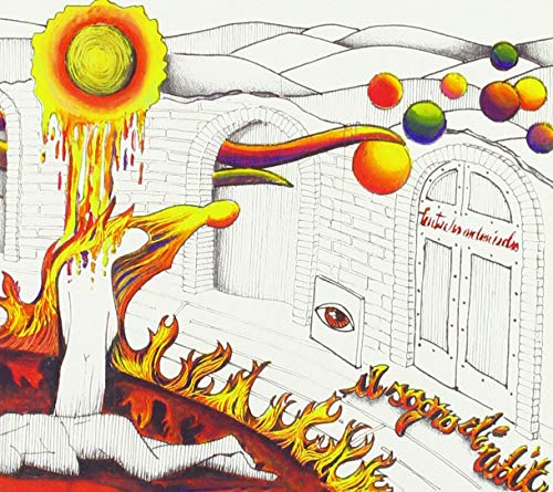 Surreal illustration of a building with tentacles, flames, and colorful spheres.
