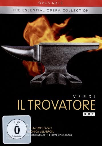 DVD cover for Verdi’s *Il Trovatore* featuring a blacksmith’s anvil and flames.