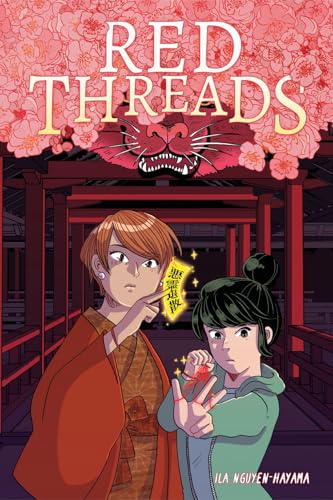 Graphic novel cover featuring two characters under pink blossoms and a red tiger face.