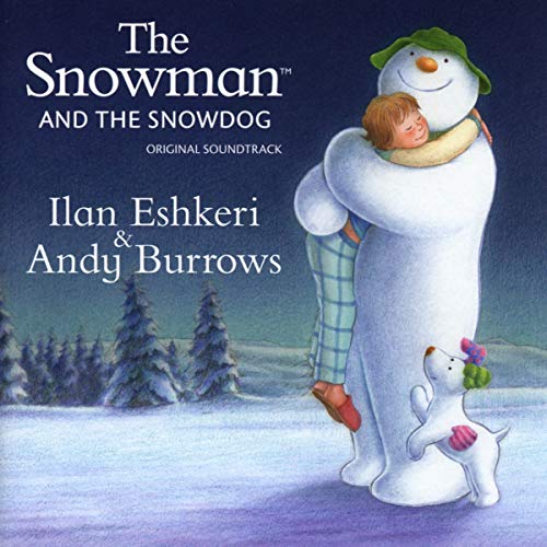 Boy hugged by a snowman with a snowdog in a snowy landscape.