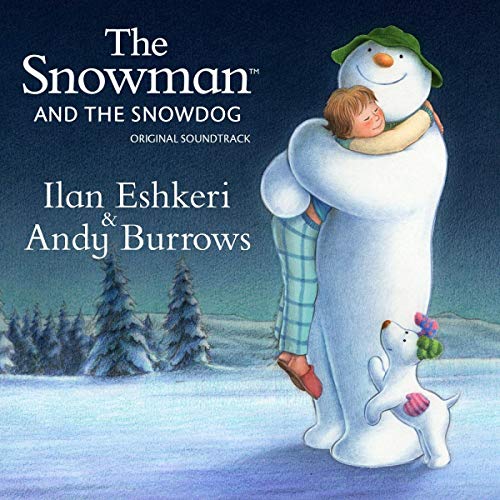 A snowman hugs a boy while a snowdog stands nearby in a snowy landscape.