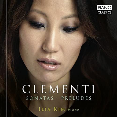 Close-up portrait of pianist Ilia Kim with album title "Clementi.
