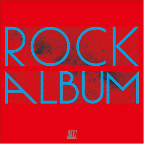 Bright blue text reading ROCK ALBUM centered on a textured red background.