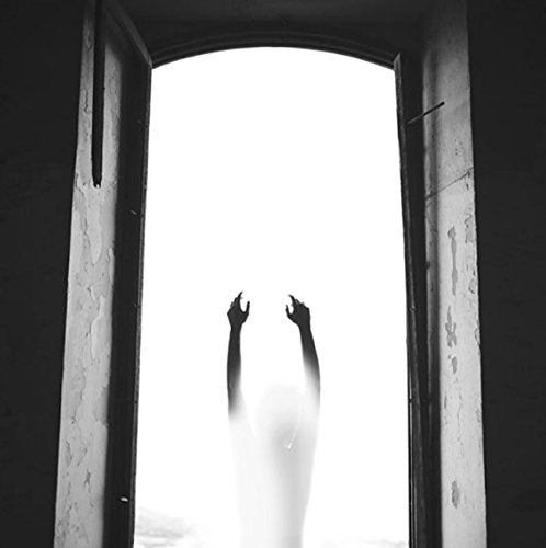 The image depicts a black-and-white scene of a person reaching up through a doorway. For accessibility purposes, a suitable alt text could be: "A blurry figure with arms raised in a doorway."