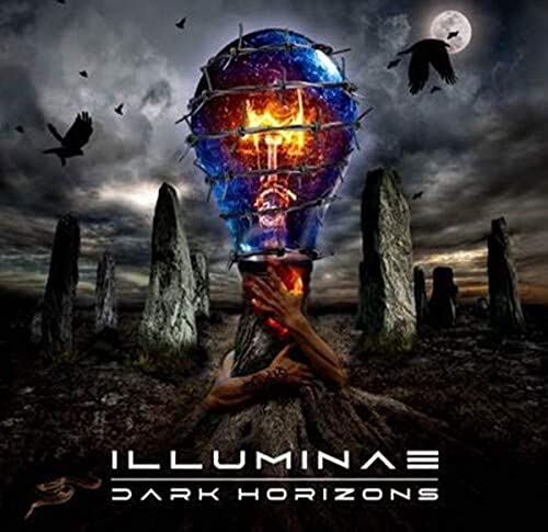 Hands holding a glowing, barbed-wire-wrapped lightbulb amidst ancient standing stones under a dark sky.