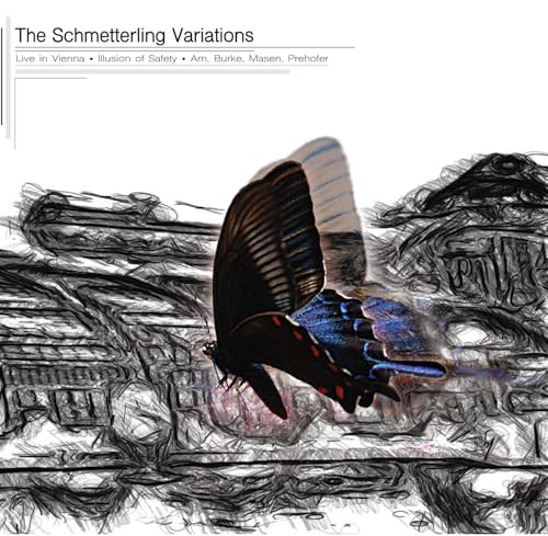 CD cover with a butterfly over a sketched cityscape.