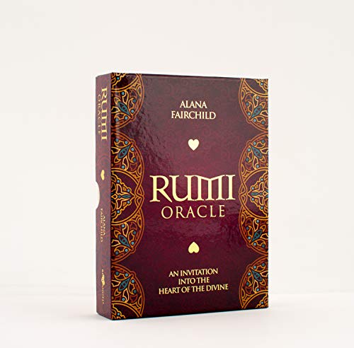 Dark red oracle card deck with gold ornate designs and title "Rumi Oracle".