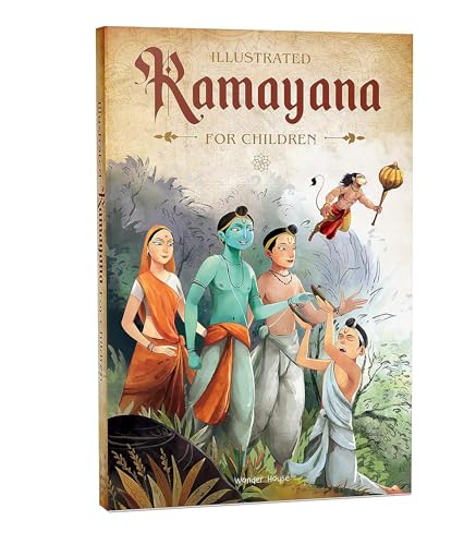 Illustrated book cover with cartoon characters in ancient Indian clothing in a jungle setting.