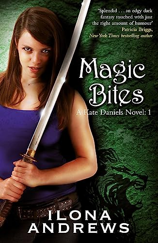 Book cover featuring a woman with a sword, titled "Magic Bites.