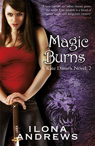 A woman in a red tank top holds a sword against a purple background.