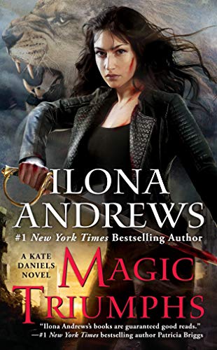 A woman with dark hair holds a sword, with a large lion behind her.
