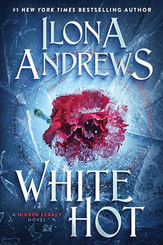 Book cover featuring a frozen red carnation against a blue, cracked, magical background.