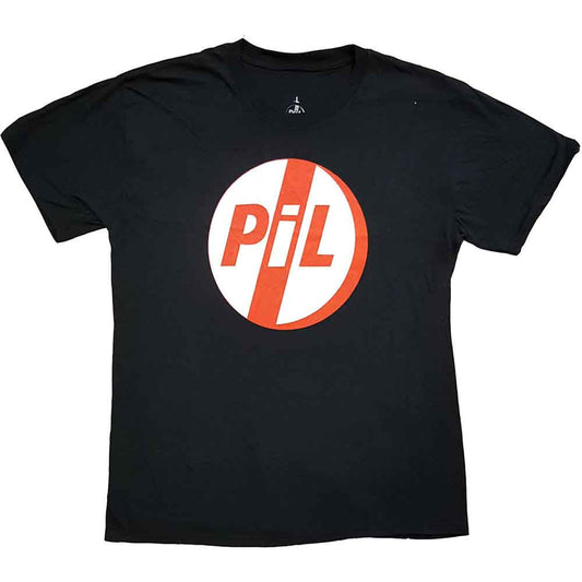 Black short-sleeve t-shirt with a red and white circular logo.