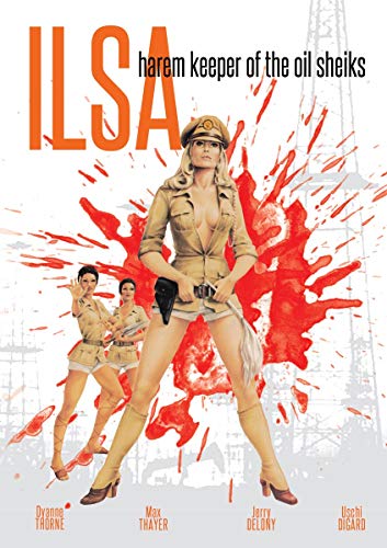 A woman in a military uniform stands before a large red blood splatter design.