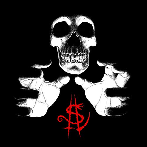 Black and white skull illustration with grasping hands and red symbol.