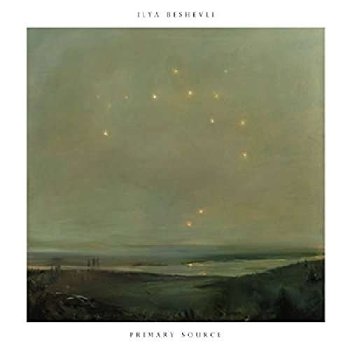 A vinyl album cover with a painting of a landscape and glowing orbs.