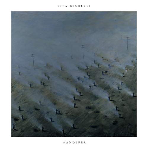 Abstract painting of many small figures in a misty, dark landscape.