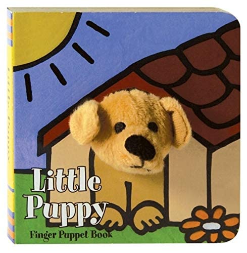 A board book cover featuring a plush puppy finger puppet emerging from a doghouse illustration.