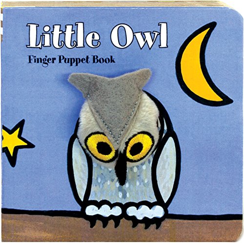Little Owl finger puppet board book cover with a plush owl, moon, and stars.