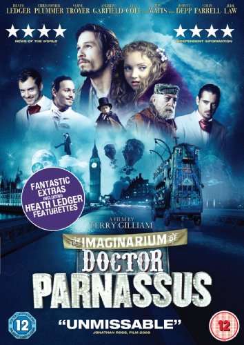 “Imaginarium of Doctor Parnassus” DVD cover with cast portraits and fantastical imagery.