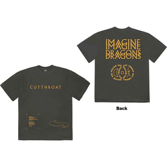 A man wearing a charcoal grey Imagine Dragons Cutthroat t-shirt with yellow graphic text.