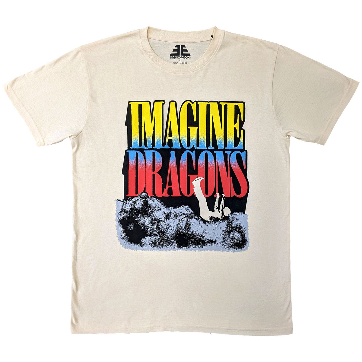 Beige t-shirt with colorful "Imagine Dragons" logo and falling figure.