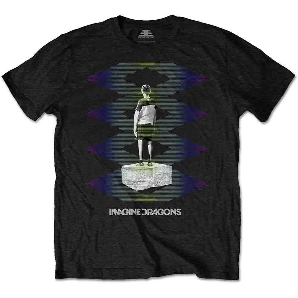 Black Imagine Dragons t-shirt with a graphic of a figure on a pedestal.