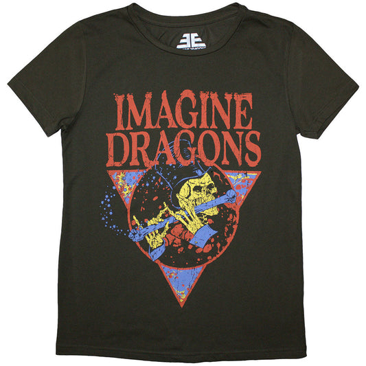 Black ladies t-shirt featuring a graphic of a skeleton playing a flute.