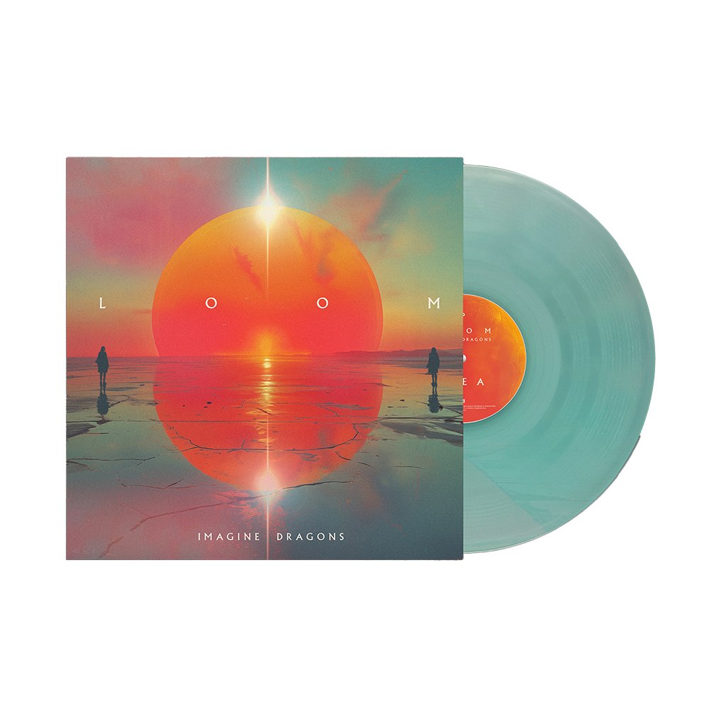 Imagine Dragons "LOOM" vinyl record with sunset cover and teal disc.