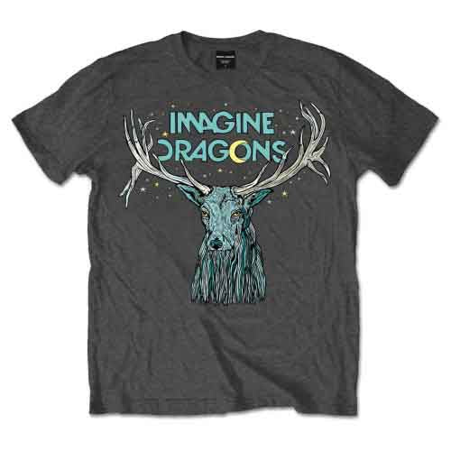Grey t-shirt with an elk and "Imagine Dragons" graphic print.