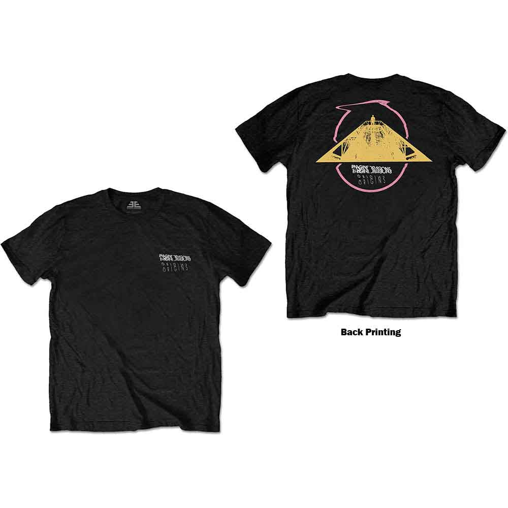 Man wearing a black Imagine Dragons Origins t-shirt with a small logo on chest.