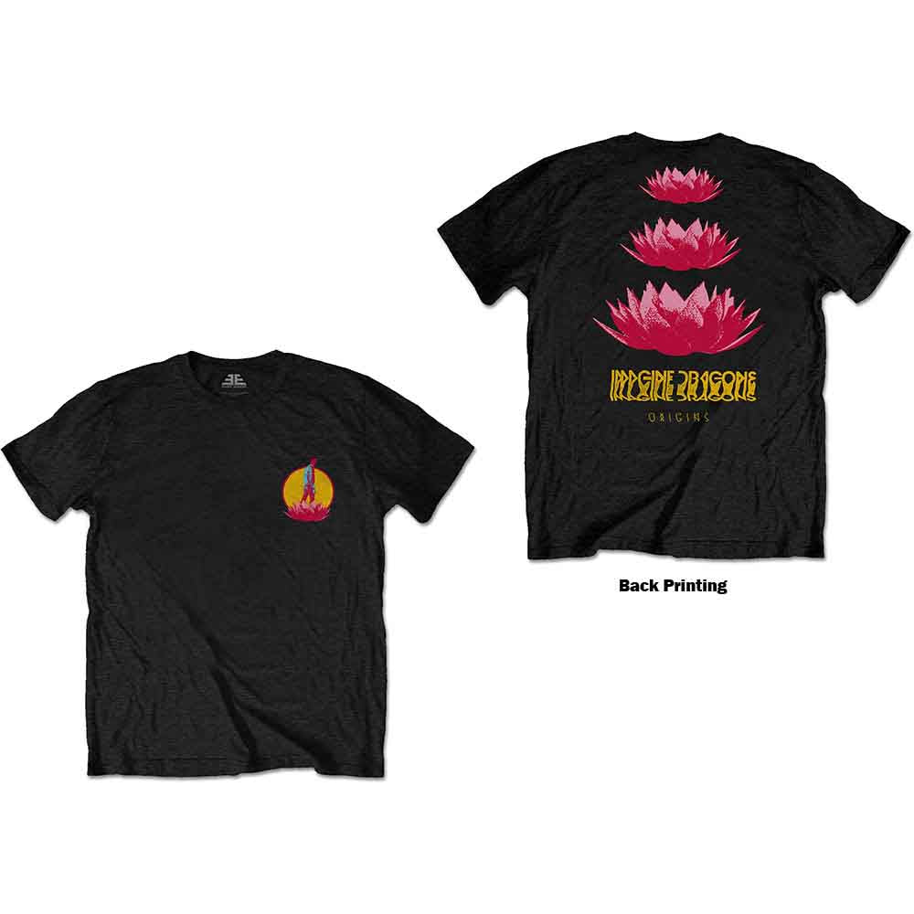 Black t-shirt with Imagine Dragons' "Origins" lotus logo on the chest.