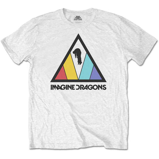 Man wearing a white t-shirt with an Imagine Dragons triangle logo.