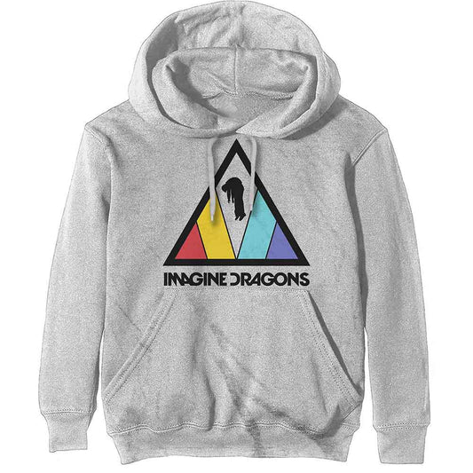 Gray hoodie with Imagine Dragons triangle logo in rainbow colors.