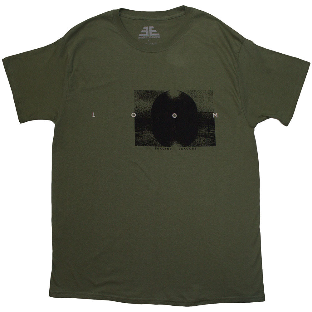 Green t-shirt with Imagine Dragons' "Loom Dark Circle" design, size small.