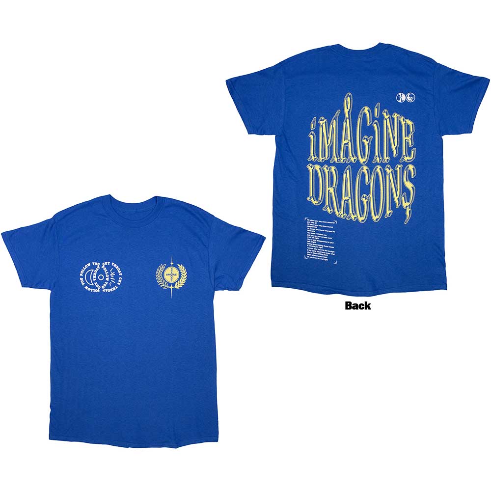 Beige t-shirt with blue Imagine Dragons lyrics design on the back.