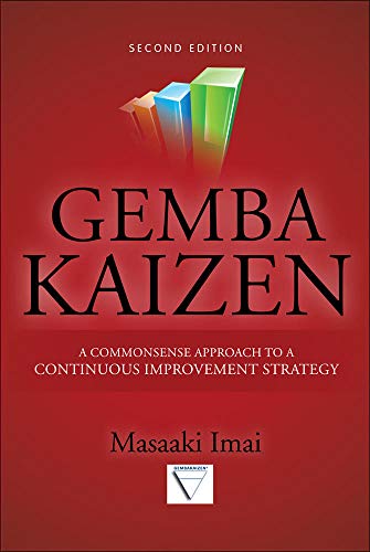 Red book cover with white text: "Gemba Kaizen" and colorful graphic.