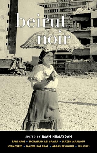 Book cover showing a woman with an umbrella standing before ruined buildings.