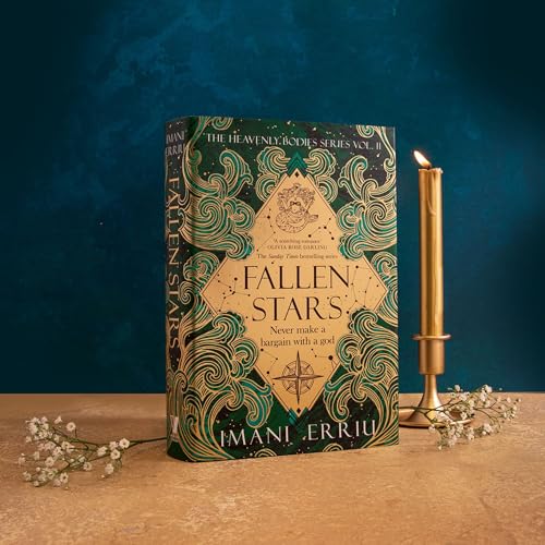 Fallen Stars book cover with gold and green patterns next to a lit candle.