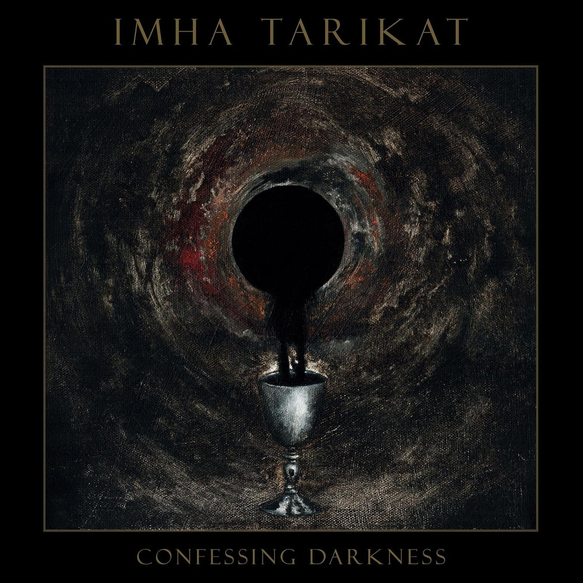 Dark album cover with a figure falling into a chalice-shaped void.