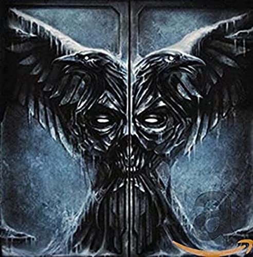 Dark, symmetrical winged skull illustration on a square CD album cover.