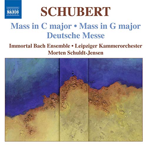 CD cover for Schubert masses featuring abstract blue and gold artwork.